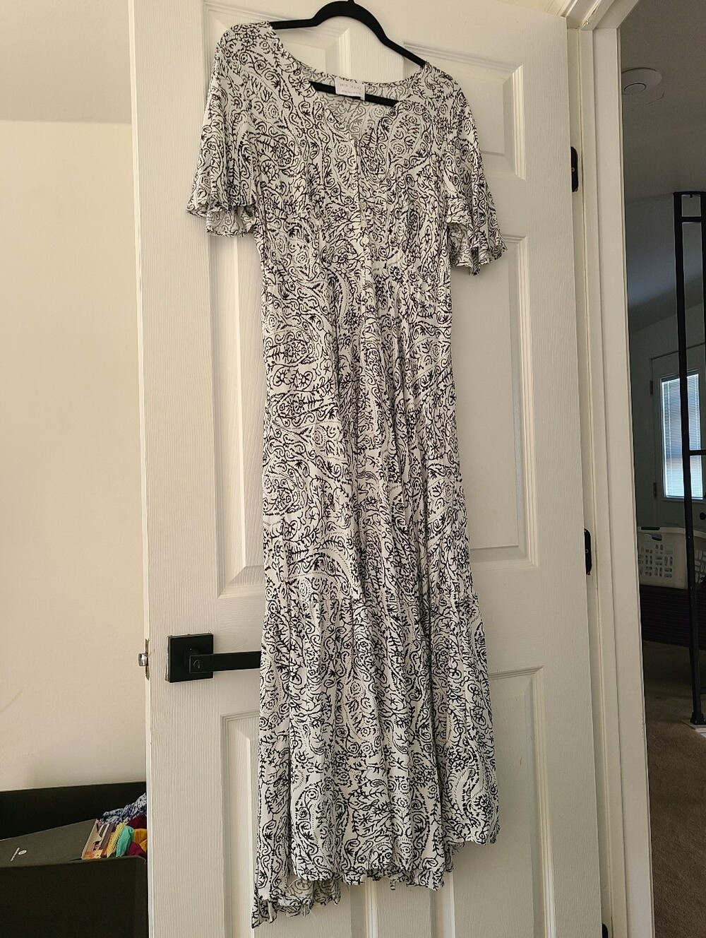 Iris Maxi Black White Paisley Button-Front Dress Size 10 XL Milkmaid Praire